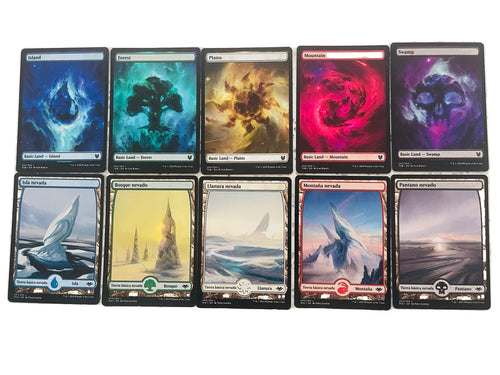 Diez tierras Magic: cinco full art en inglés y cinco nevadas en español · fondo blanco