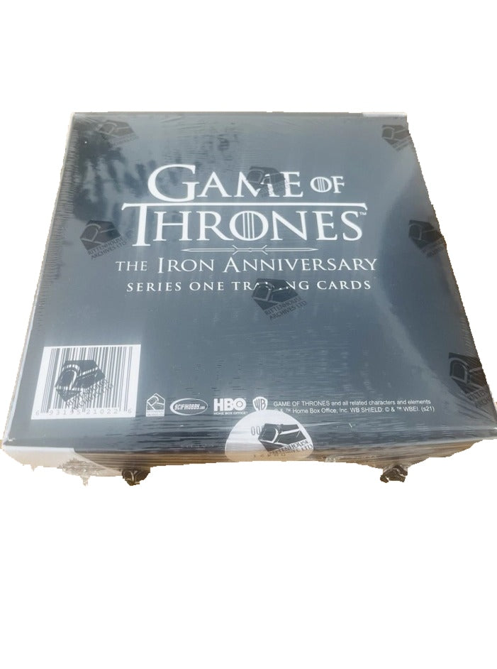 Caja Game of Thrones The Iron Anniversary Series One precintada, vista reverso; fotografía real del ejemplar · fondo blanco