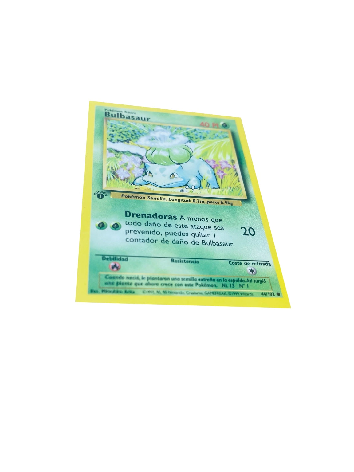 Pokémon Base Set 1.ª Edición ES | Bulbasaur · anverso real sobre fondo blanco