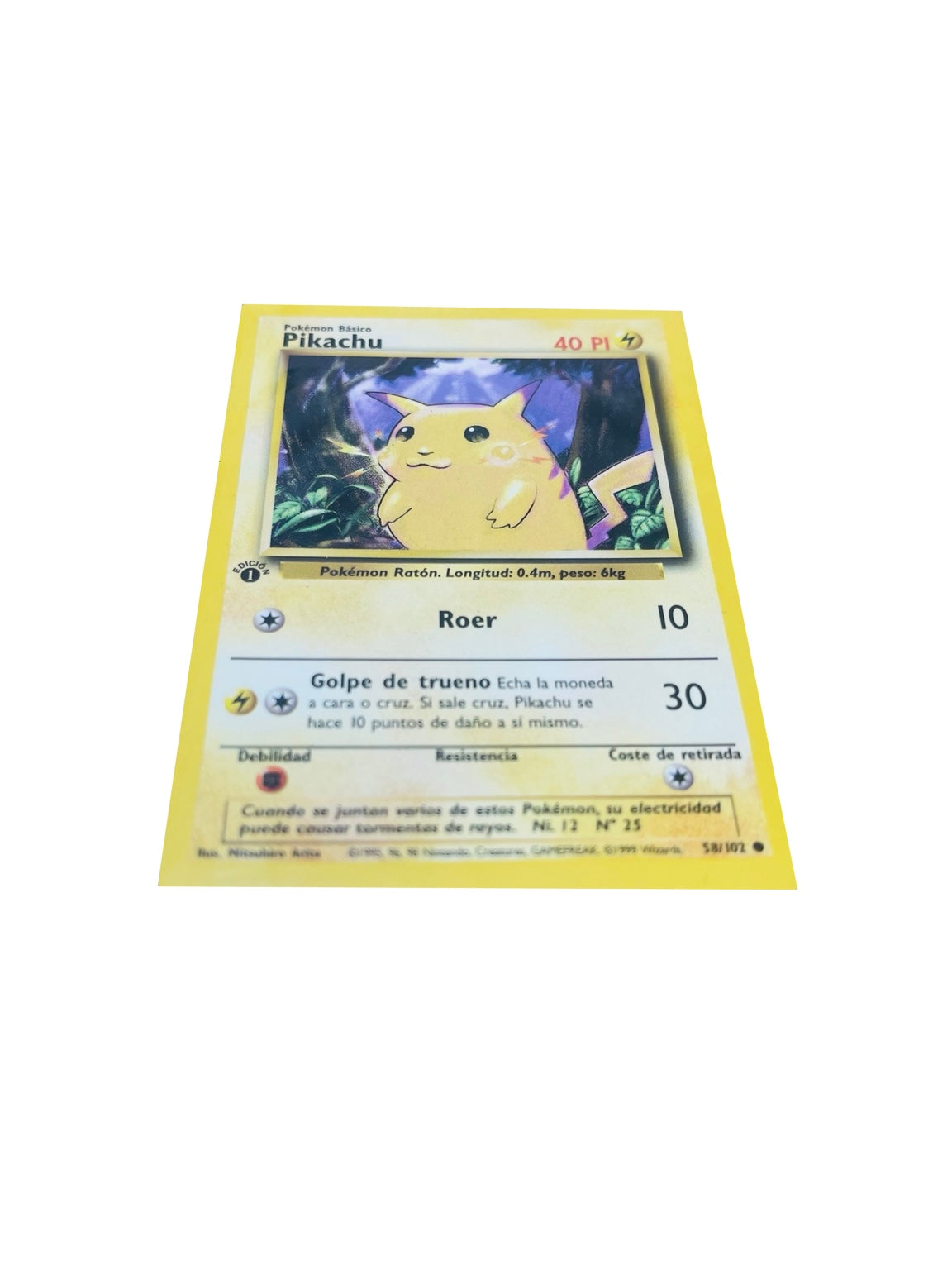 Pokémon Base Set 1.ª Edición ES | Pikachu · anverso real sobre fondo blanco